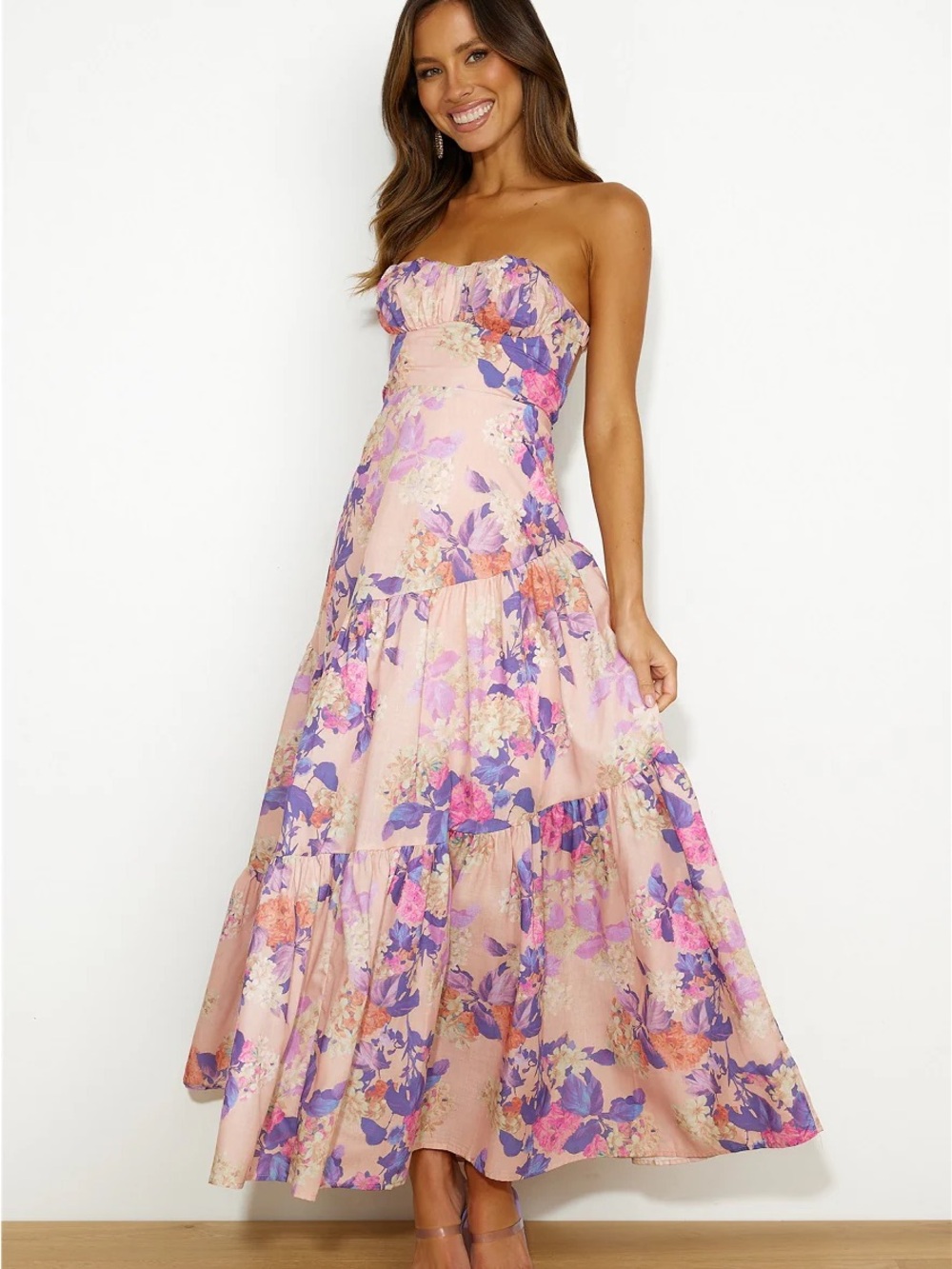 Hello Molly Strapless Pink Floral Maxi Dress with Purple Accents